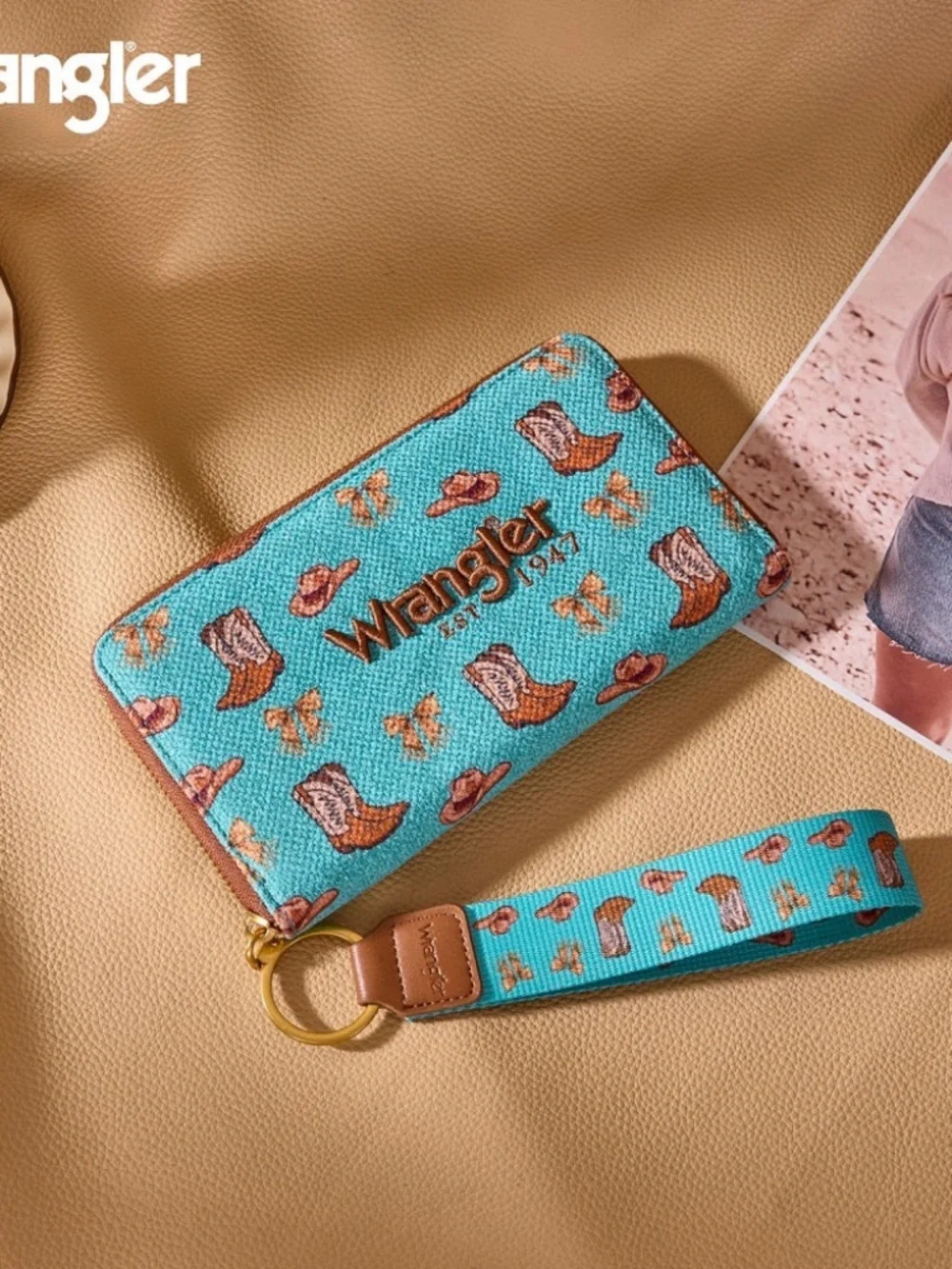 Wrangler Western Print RFID Blocking Zippered Wallet Turquoise